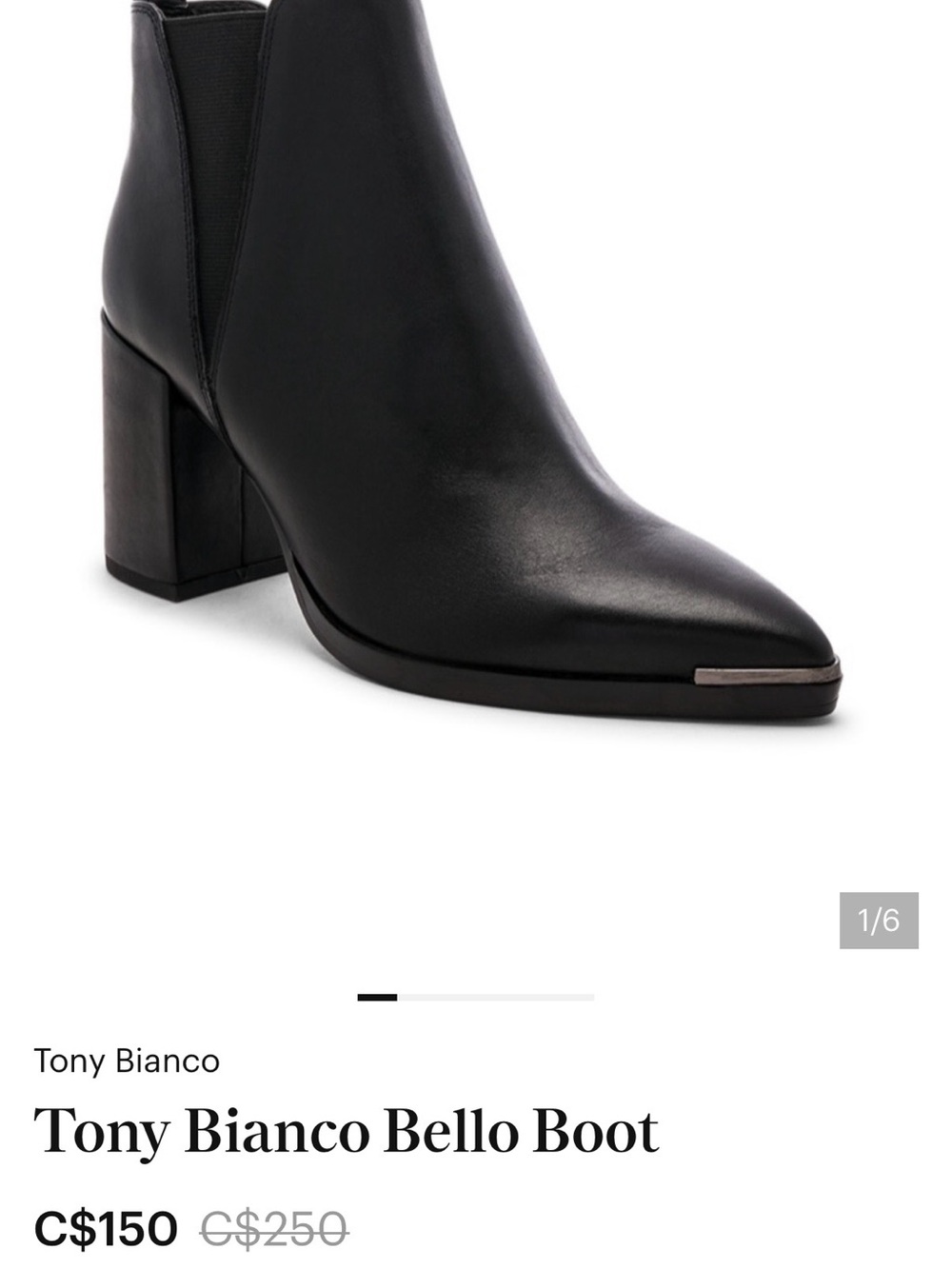 Tony Bianco Black Leather Pointed Toe Ankle Boot with Metal Toe Accent